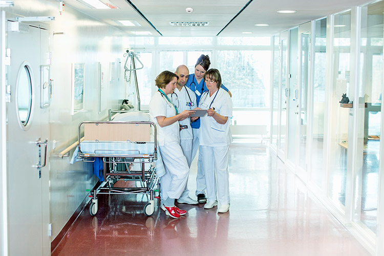 A work team at a hospital is looking in a journal