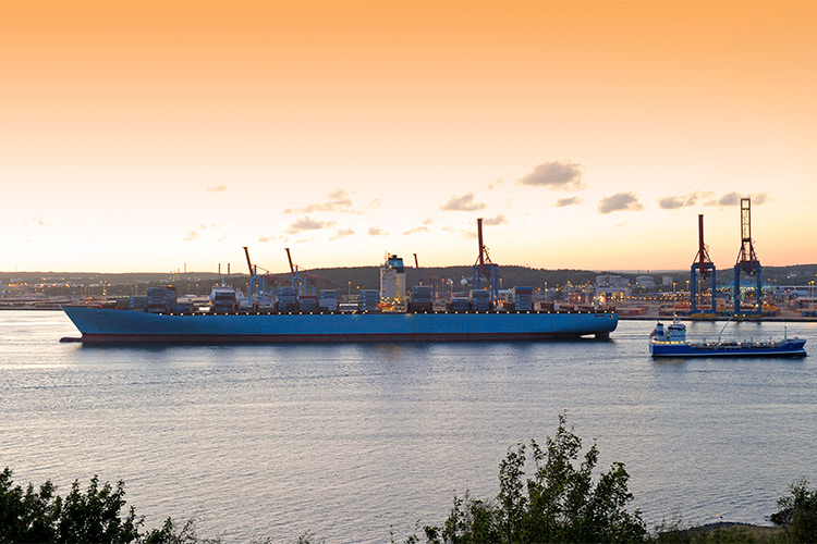 A large cargo ship in Gothenburg harbor