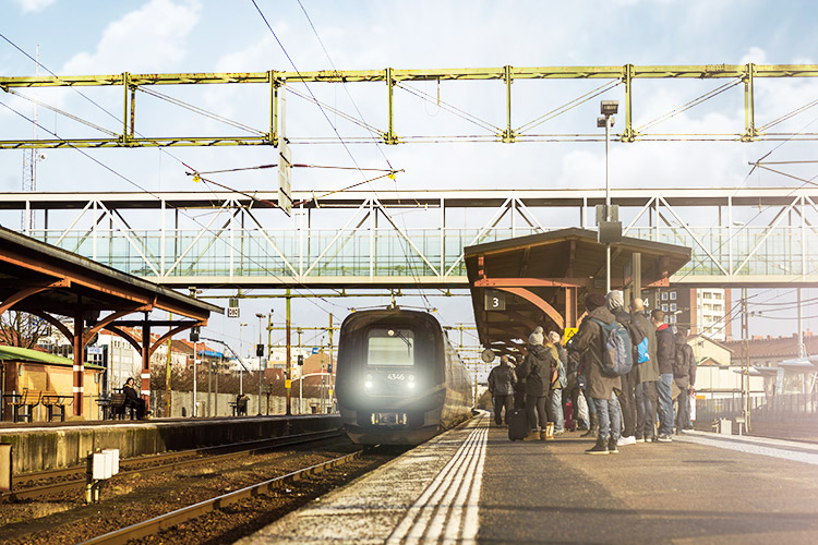 Train station in Sweden, but a lot of people on the platform